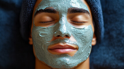 Fototapeta premium A man with a blue face mask on. He is wearing a blue hat. The man is relaxed and calm