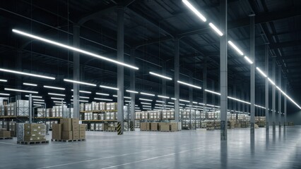 Obraz premium Large industrial warehouse, rows of tall shelving units, stacked cardboard boxes, concrete floor, high ceiling, fluorescent lighting, metal support columns, wide open space, dimly lit interior, logist