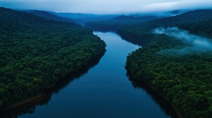 Obraz premium Serene River Winding Through Lush Rainforest at Dusk