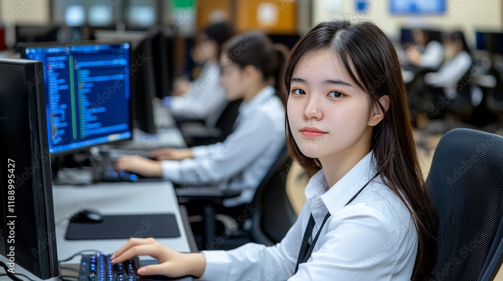 Poster young woman programmer coding in tech lab modern office environment focused learning inspiring futur