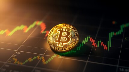 Bitcoin Cryptocurrency Coin on Financial Chart Background with Rising Candlestick Graphs - Digital Currency Investment Concept
