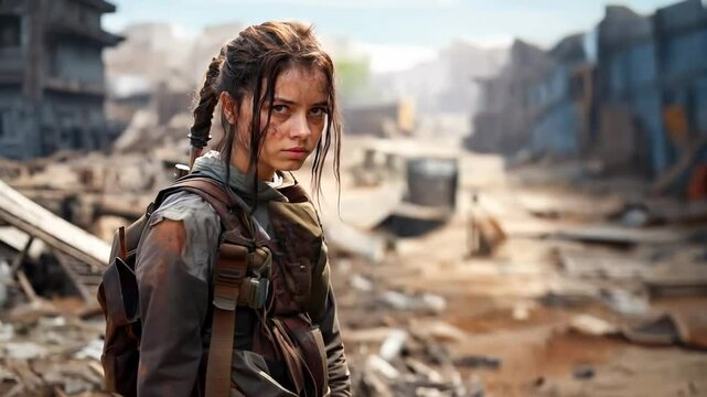 Determined young survivor girl with braided hair stands amidst urban post-apocalyptic ruins, carrying essential gear