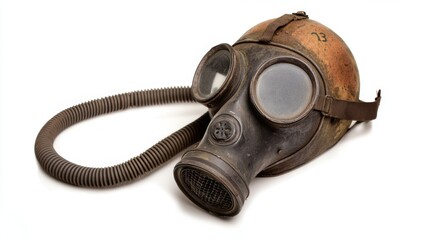 A vintage gas mask lies on a white surface. It evokes a sense of history and protection. This artifact symbolizes resilience in challenging times. Generative AI