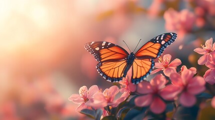Monarch butterfly amidst cherry blossoms in golden hour sunlight a perfect representation of nature's delicate beauty and the start of spring