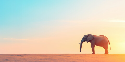 Lonely elephant standing in sunlit savanna at sunset, serene scene