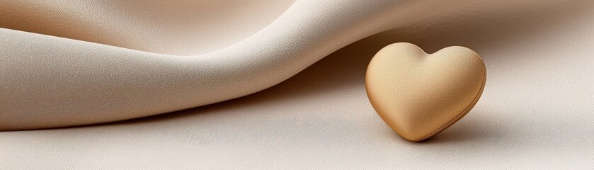 Golden Heart on Soft Cream Fabric with Elegant Drapery Background and Smooth Texture