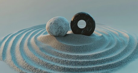 Naklejka premium A yin-yang symbol made of smooth, circular ripples in sand with two contrasting rocks placed on top