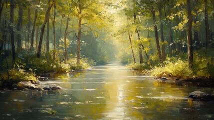 Obraz premium Serene sunlit forest stream, tranquil nature scene.