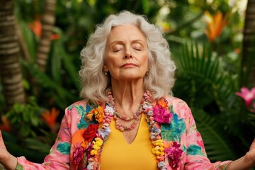 Naklejka premium Discover serenity A peaceful elderly woman finds contentment through meditation in a vibrant, tranquil garden Experience the ultimate peace and relaxation This image captures the essence of mindful