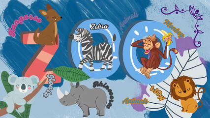 Illustration of animals in the zoo.