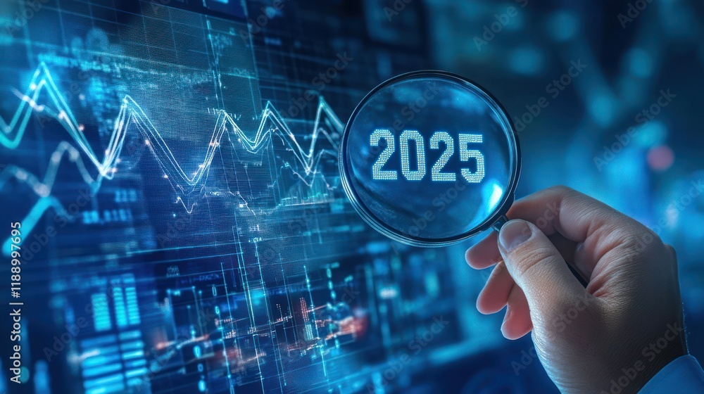 Poster magnifying glass focuses on 2025 amidst digital data graphs and charts, representing future planning