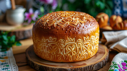 Traditional Easter bread with intricate decorative patterns