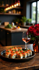 Fototapeta premium romantic dinner sushi, a bouquet of red roses, a bottle of wine and glasses in a modern kitchen, celebrating Valentine day, vertical