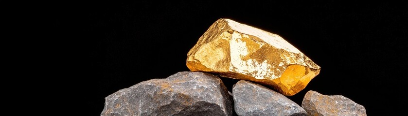 Shiny Gold Nugget on Top of Rough Gray Rocks Against a Dark Background for Natural Aesthetic Appeal