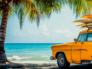 Sun-kissed yellow car with surfboards ready for a beach adventure on a sunny day