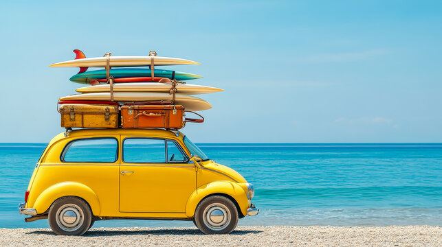 Sun-kissed yellow car with surfboards ready for a beach adventure on a sunny day