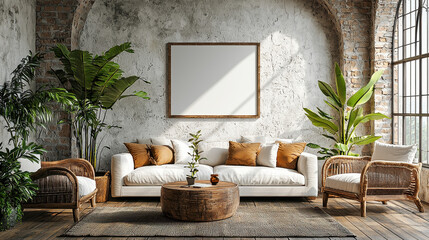 Bohemian Chic Living Room with Mockup:  A cozy and inviting living room interior designed in bohemian style with a white sofa, rattan armchairs, wooden coffee table, and lush tropical plants.