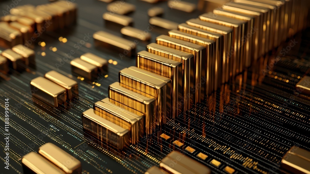 Poster a close-up view of a shiny gold circuit board featuring metallic components, highlighting intricate 