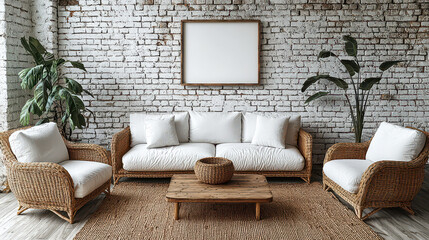 Coastal Living Room Mockup:  A stylish living room features a white sofa and armchairs with rattan accents, set against an exposed brick wall.