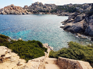 Stunning cove Cala Spinosa with granite rocks sculpted by erosion and a small hidden beach. Capo Testa in Santa Teresa Gallura, Sassari, Sardinia Island, (Sardegna), Italy.