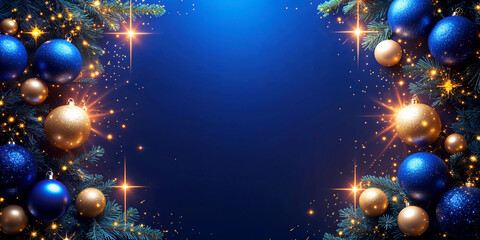 Glittering blue and gold baubles adorn a festive, illuminated holiday tree, background