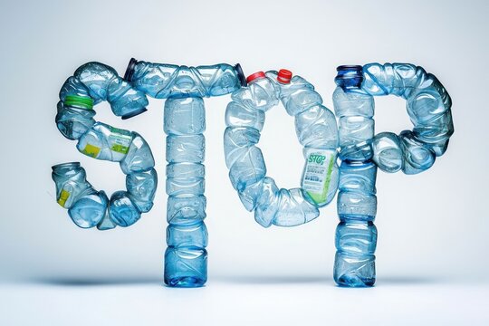 Environmental Pollution and Ocean Conservation Issues. Plastic bottles arranged to spell "STOP" promoting recycling and environmental awareness.