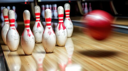 Dynamic Bowling Scene with Striking Red Ball in Motion