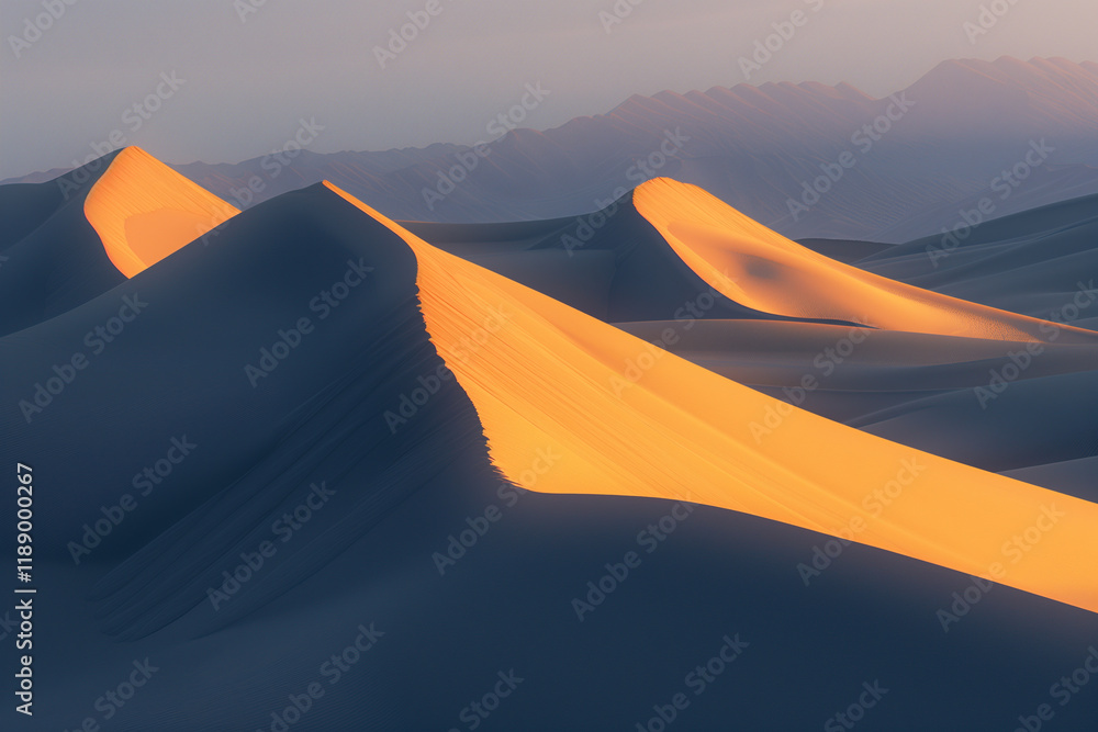 Poster pristine sand dunes with sharp ridges and smooth slopes, illuminated by the soft morning light in th