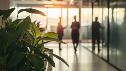 modern office interior, potted plants in foreground, glass walls, sunlight streaming in, silhouettes of people walking, open workspace, contemporary design, professional environment, bright and airy, 