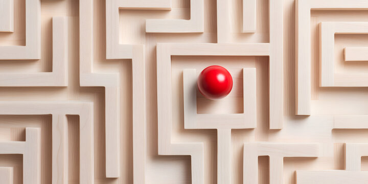 Red sphere navigating a complex wooden maze.  A visual metaphor for problem-solving and finding a path to success.