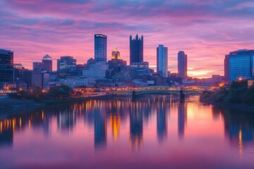 Fototapeta premium Pittsburgh Skyline Reflecting in Calm River at Sunrise