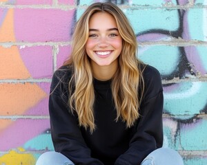 Vibrant Senior Portrait Youthful Energy Freshness against a Blooming Mural Background Captivating Photography showcasing a radiant smile, long blonde hair, and a bright, energetic vibe Professional