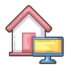 Freelance work from home concept with a house and computer monitor symbolizing productivity. Ideal for remote work and freelance related content