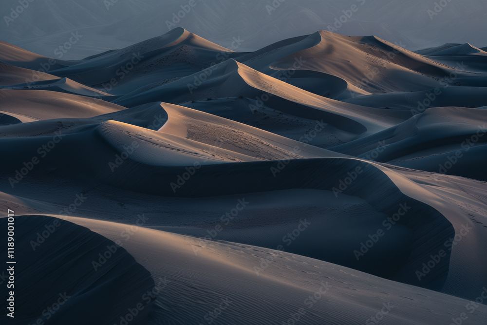 Poster pristine sand dunes with sharp ridges and smooth slopes, illuminated by the soft morning light in th