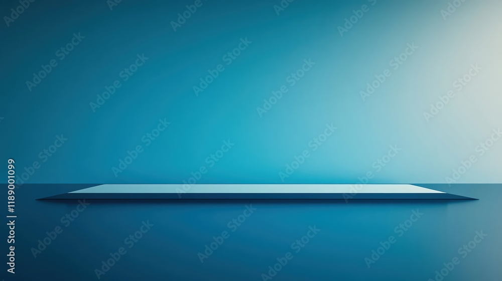Poster minimalistic blue background with a sleek rectangular platform for product display.