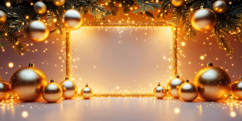 Glowing gold ornaments frame a blank space, perfect for festive holiday designs