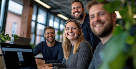 Fototapeta premium Collaborative team meeting modern office professional photography bright workspace engaging atmosphere