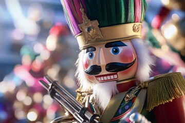Close-up of Nutcracker soldier, festive parade, blurry background, Christmas decoration