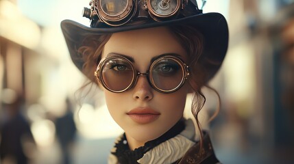 Steampunk woman with goggles urban street portrait photography vintage style close-up view fantasy concept