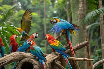 Fototapeta premium Vibrant Macaws in Lush Tropical Rainforest Habitat