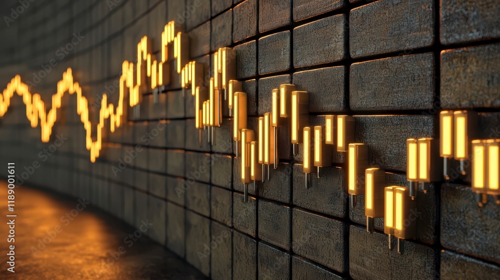 Poster a digital representation of a fluctuating stock market graph, featuring glowing candlestick patterns