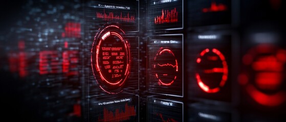 A Futuristic digital interface displaying data analytics and metrics in red tones