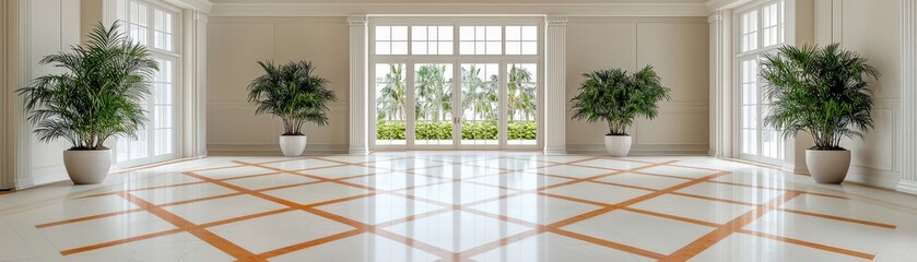 Spacious and Elegant Interior Room with Windows and Decorative Plants in Bright Light Setting