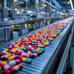 Fototapeta premium Manufacturing process of colorful pharmaceutical capsules factory industrial photography cleanroom environment close-up view health concept
