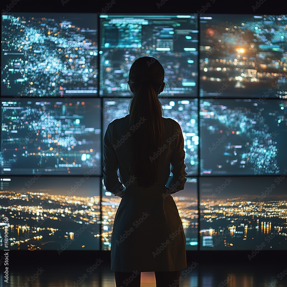 Poster analyzing data insights urban environment digital display nighttime view technology concept