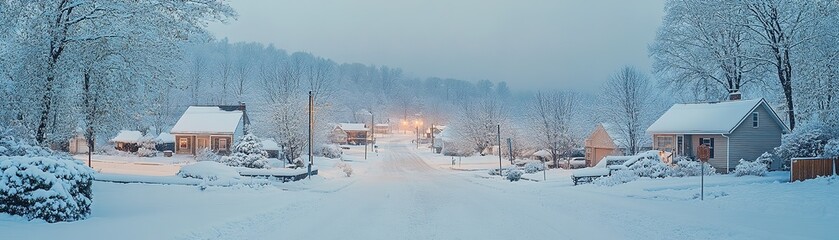 Snowy evening scene with cozy homes winter wonderland landscape photography peaceful atmosphere scenic view