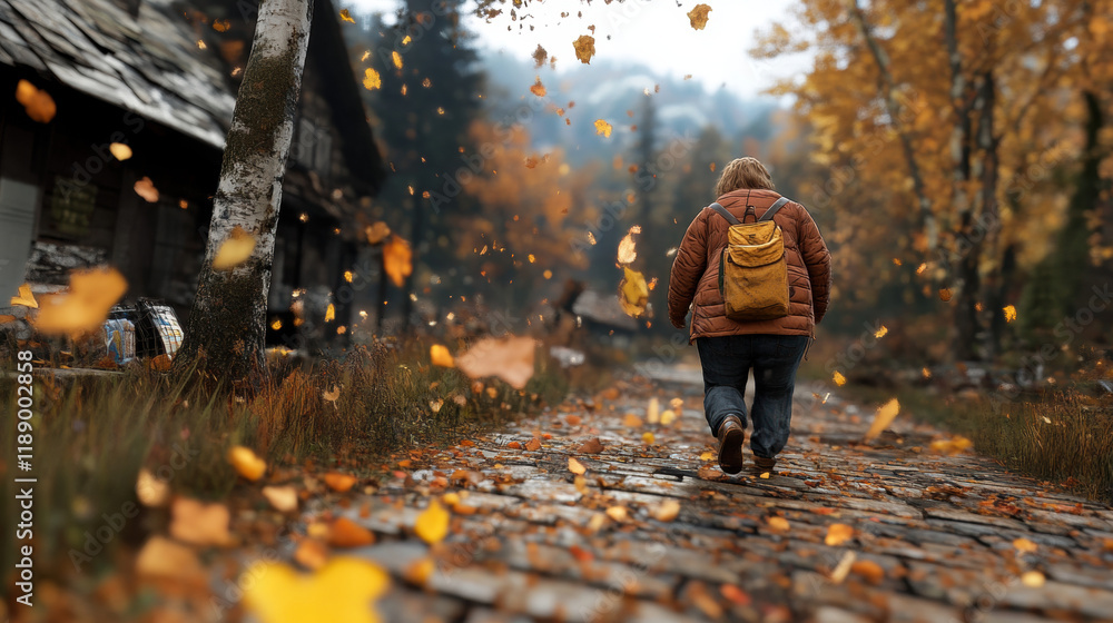 Poster a person walks down a cobblestone path surrounded by autumn leaves and rustic buildings in a tranqui
