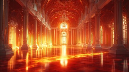 Obraz premium Majestic sunlit hall grand palace digital art warm ambiance wide angle architectural beauty