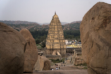 Virupaksha temple complex at Hampi Karnataka India from Hemakuta rock hill