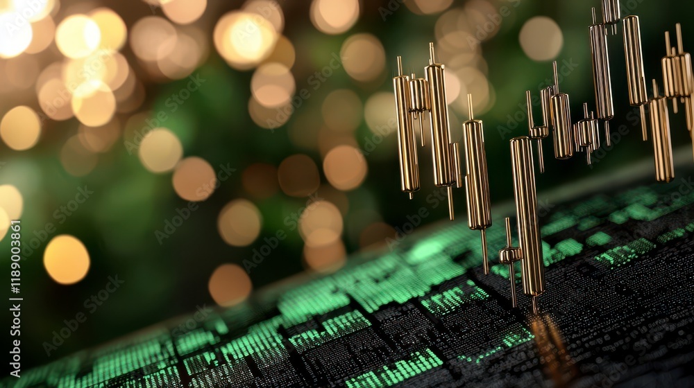 Poster a digital trading chart with candlestick patterns overlaid on green and black, set against a backdro